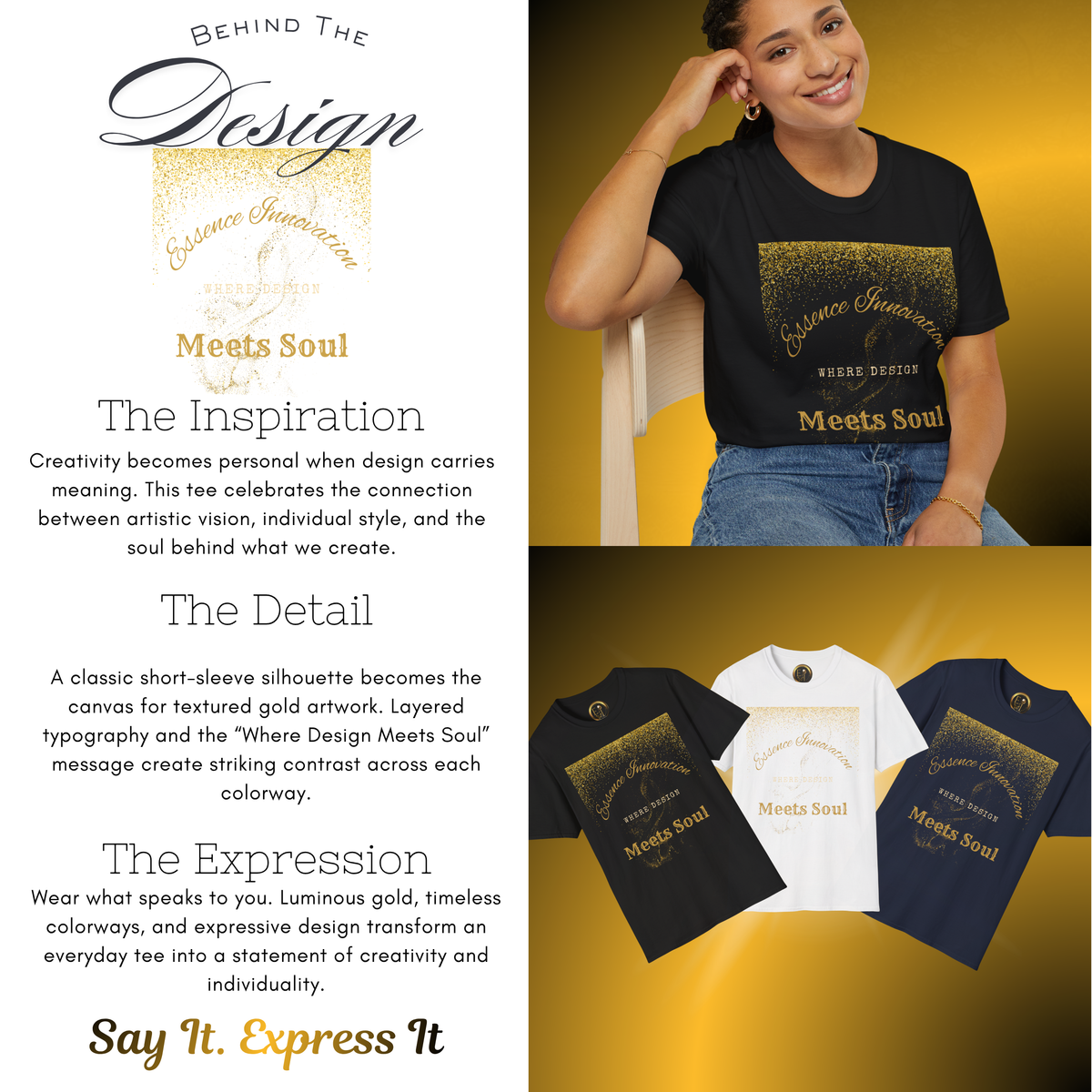 Design Meets Soul T-Shirt – Gold Graphic Streetwear Tee