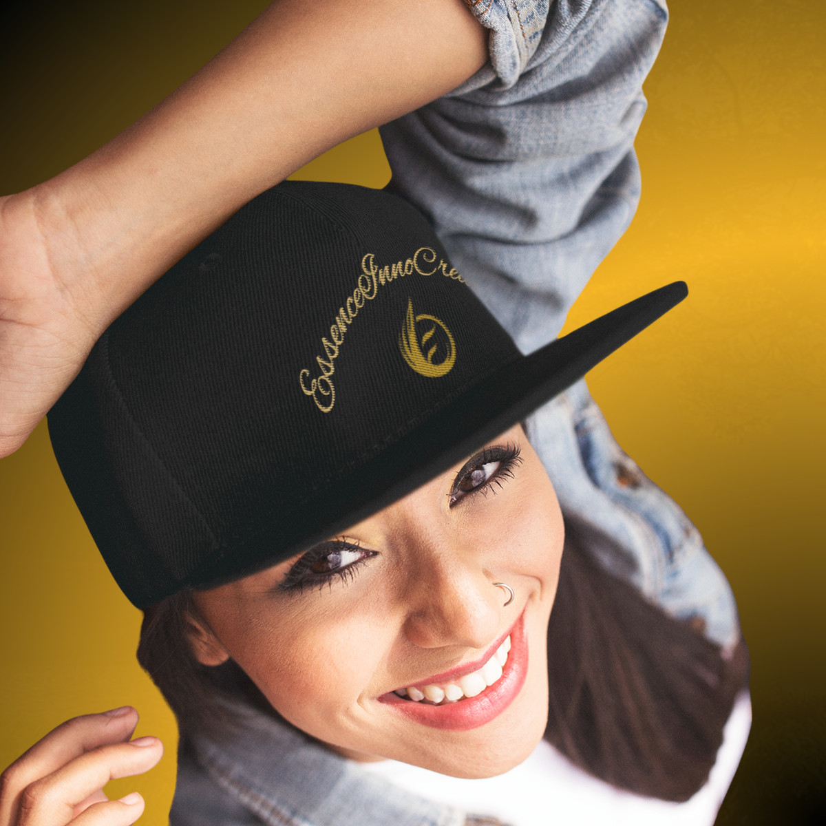 Core Snapback Hat – Gold Logo Flat Bill Cap