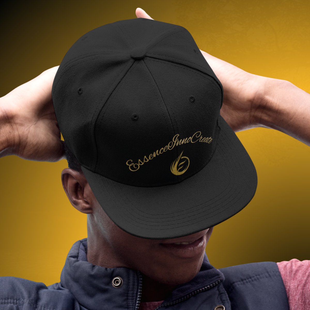 Core Snapback Hat – Gold Logo Flat Bill Cap