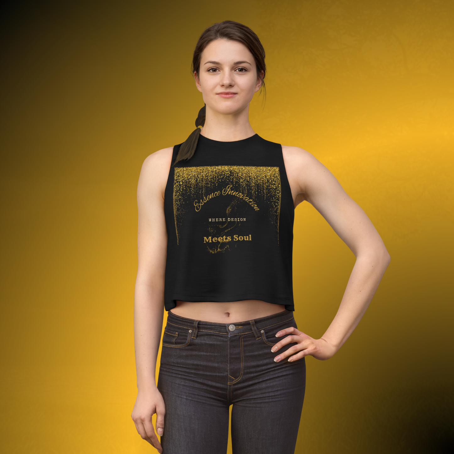Design Meets Soul Racerback Crop Tank – Gold Graphic Muscle Top