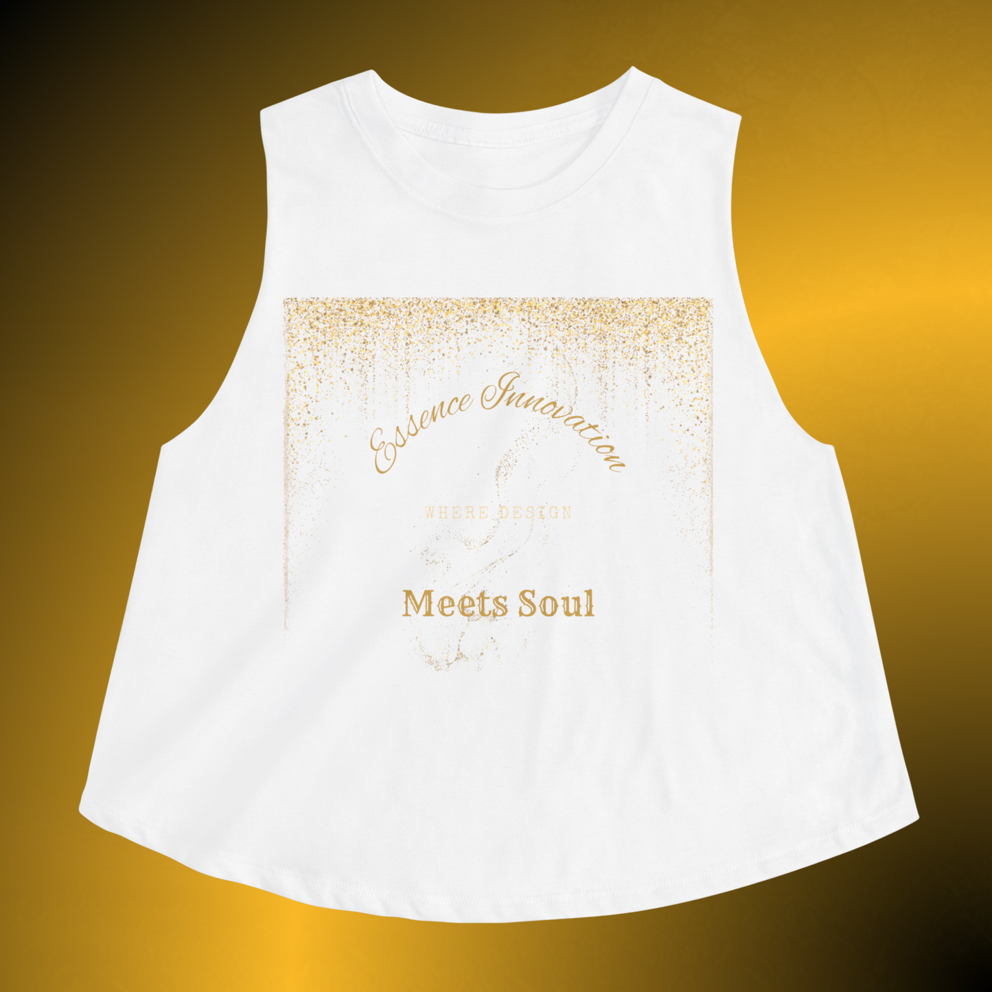 Design Meets Soul Racerback Crop Tank – Gold Graphic Muscle Top