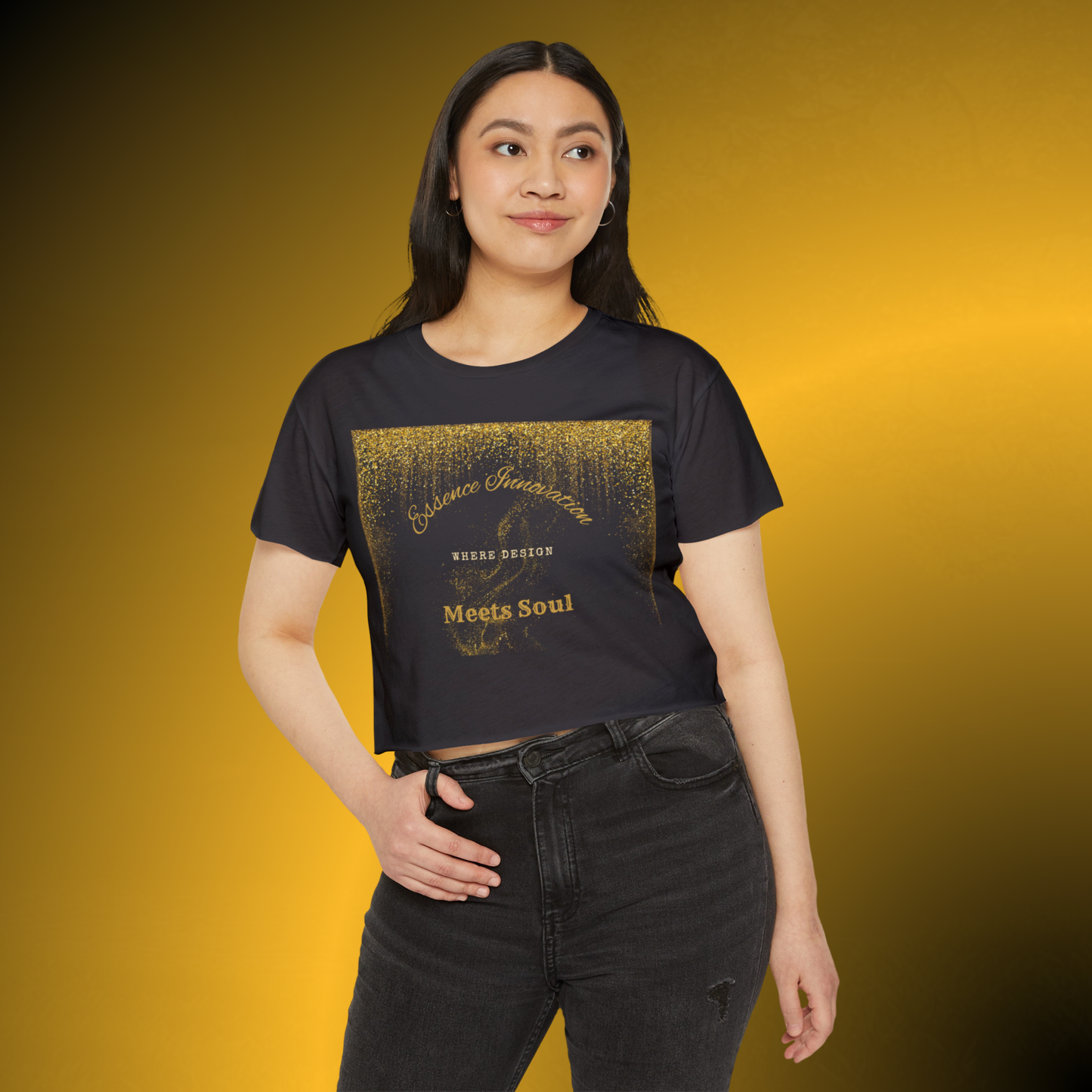 Design Meets Soul Crop Top – Gold Graphic Women’s Tee