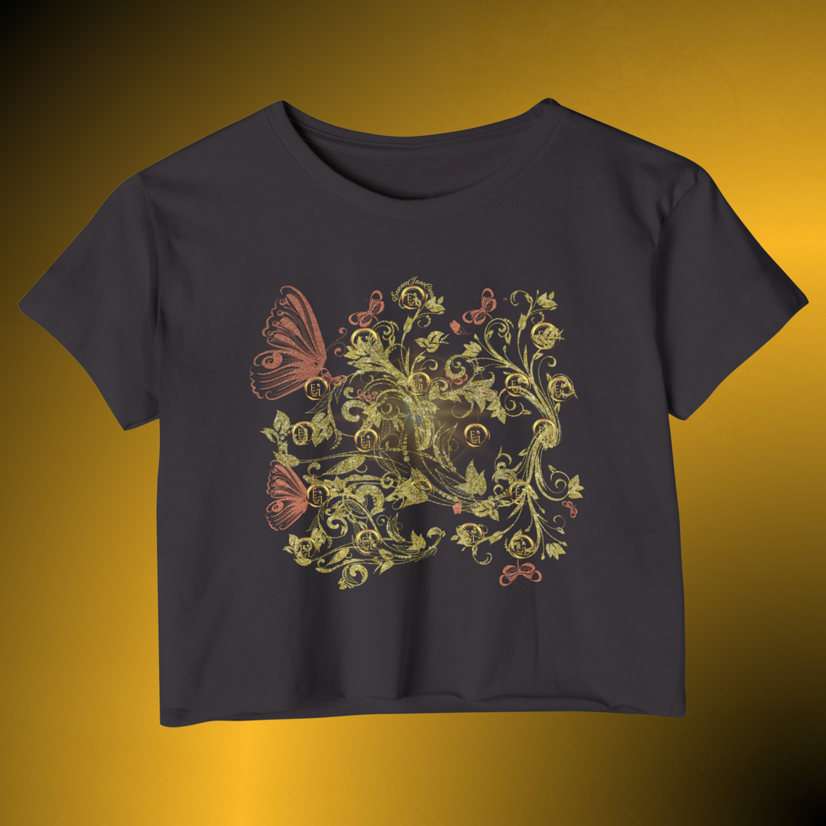 Bohemian Butterfly Floral Crop Tee – Gold Botanical Graphic Top
