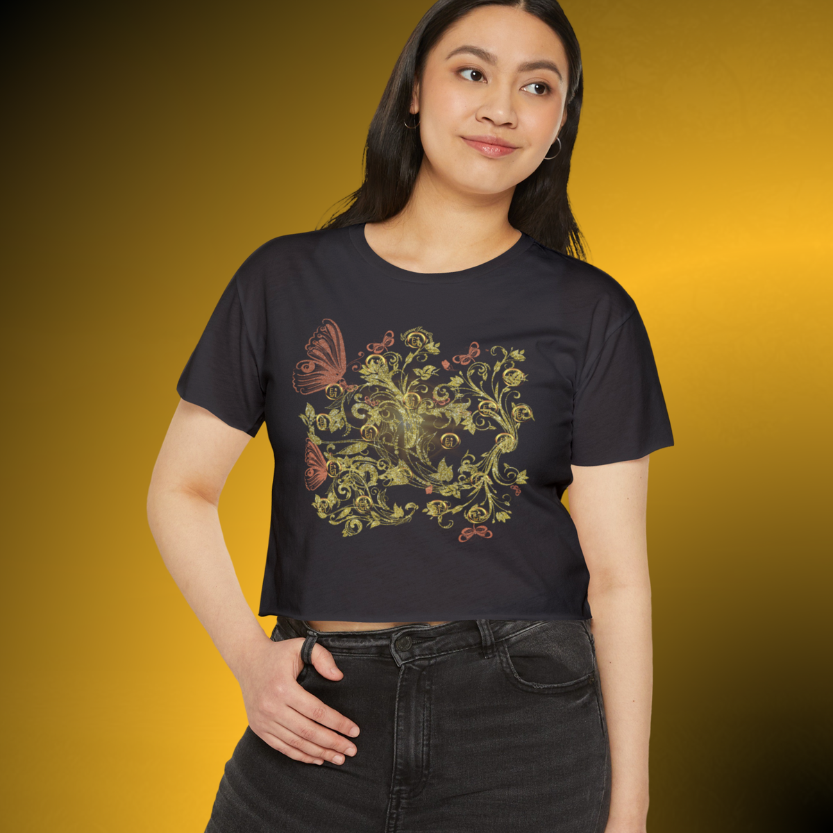 Bohemian Butterfly Floral Crop Tee – Gold Botanical Graphic Top