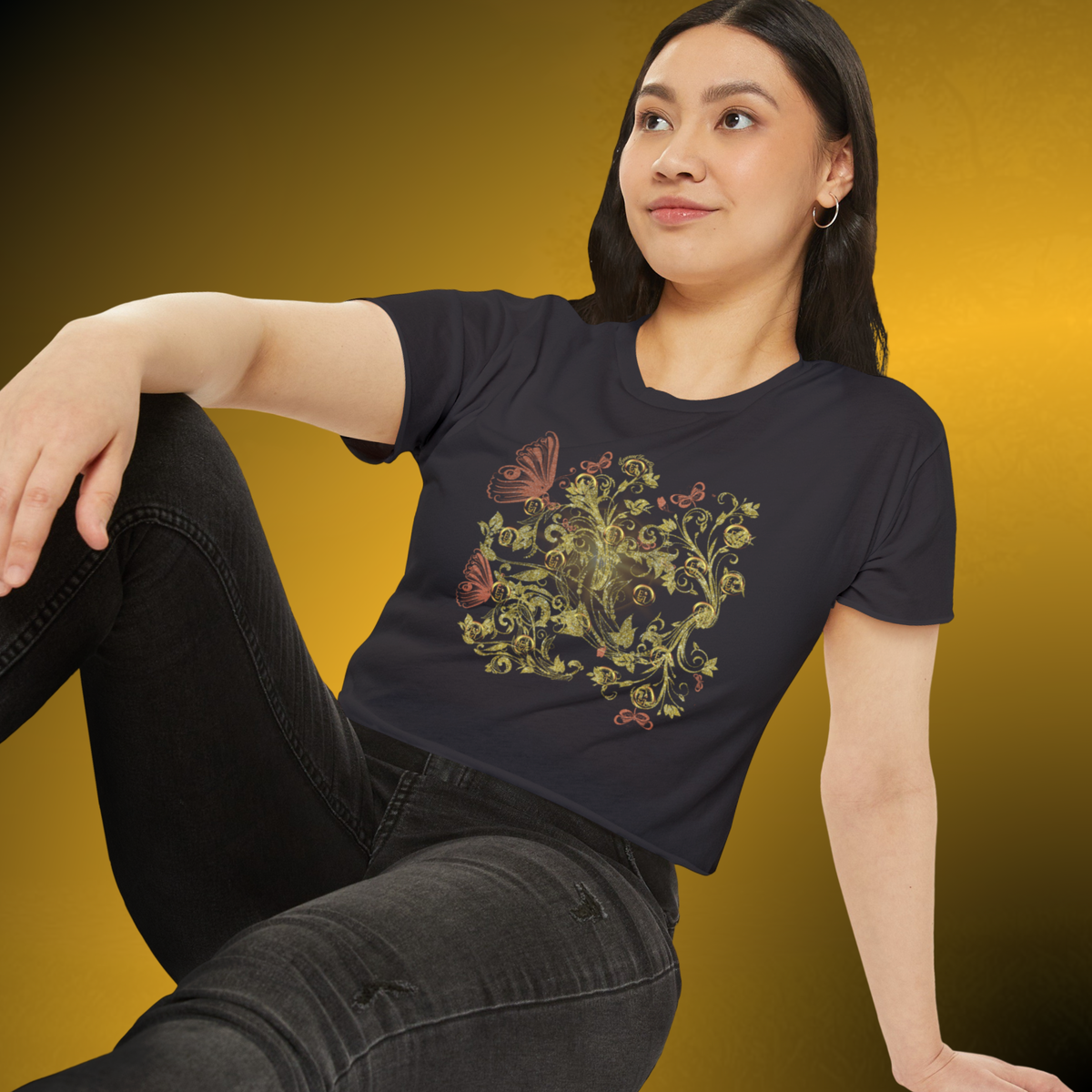 Bohemian Butterfly Floral Crop Tee – Gold Botanical Graphic Top