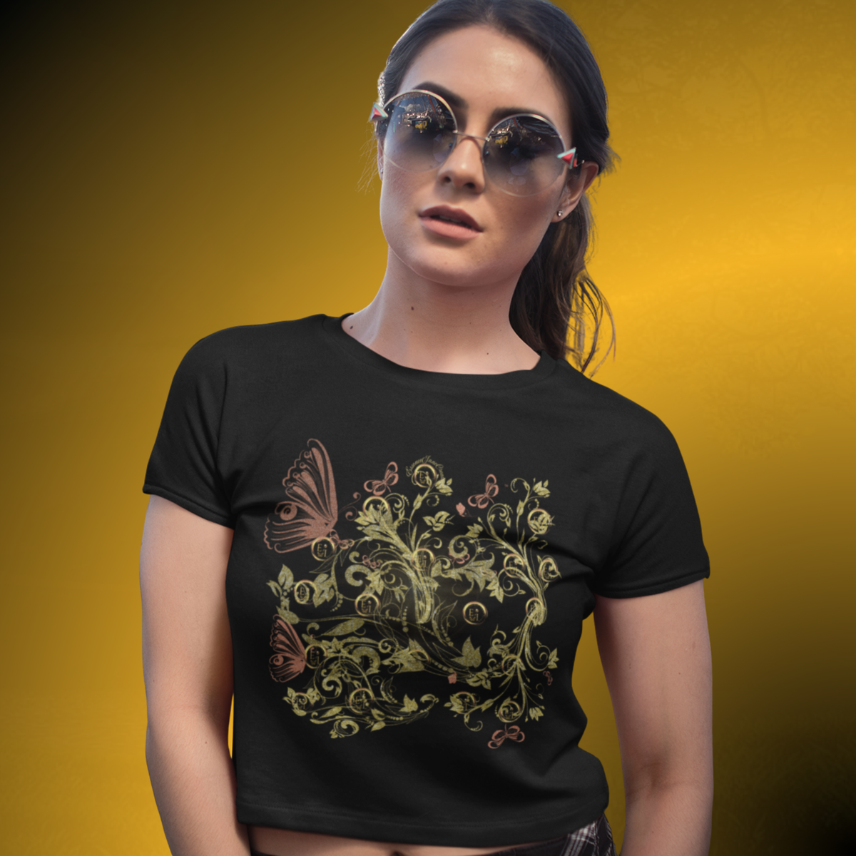 Bohemian Butterfly Floral Crop Tee – Gold Botanical Graphic Top