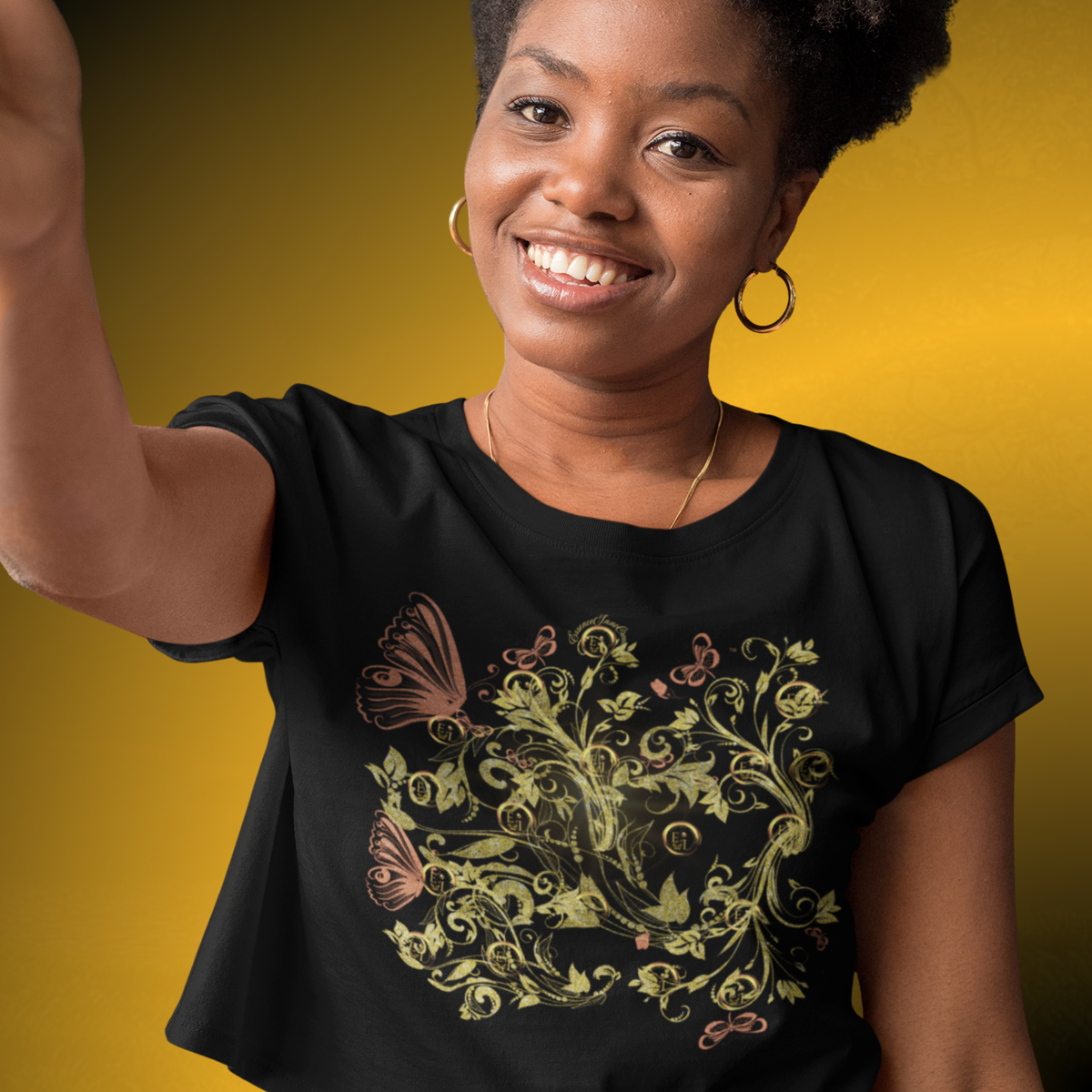 Bohemian Butterfly Floral Crop Tee – Gold Botanical Graphic Top
