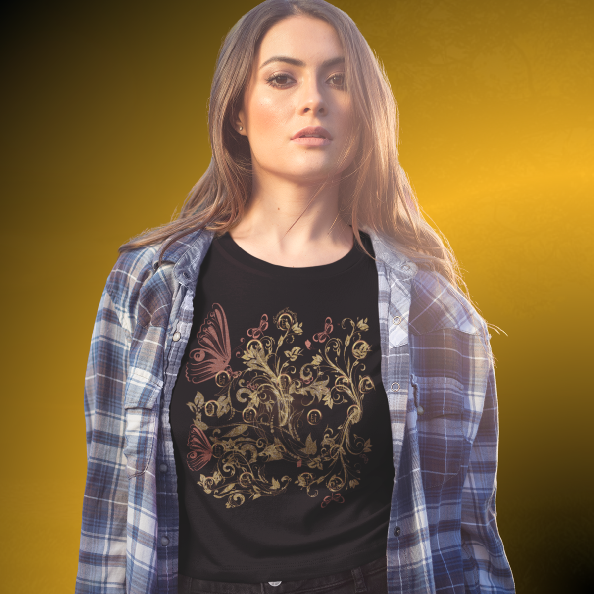 Bohemian Butterfly Floral Crop Tee – Gold Botanical Graphic Top