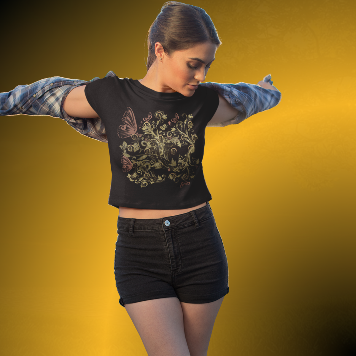 Bohemian Butterfly Floral Crop Tee – Gold Botanical Graphic Top