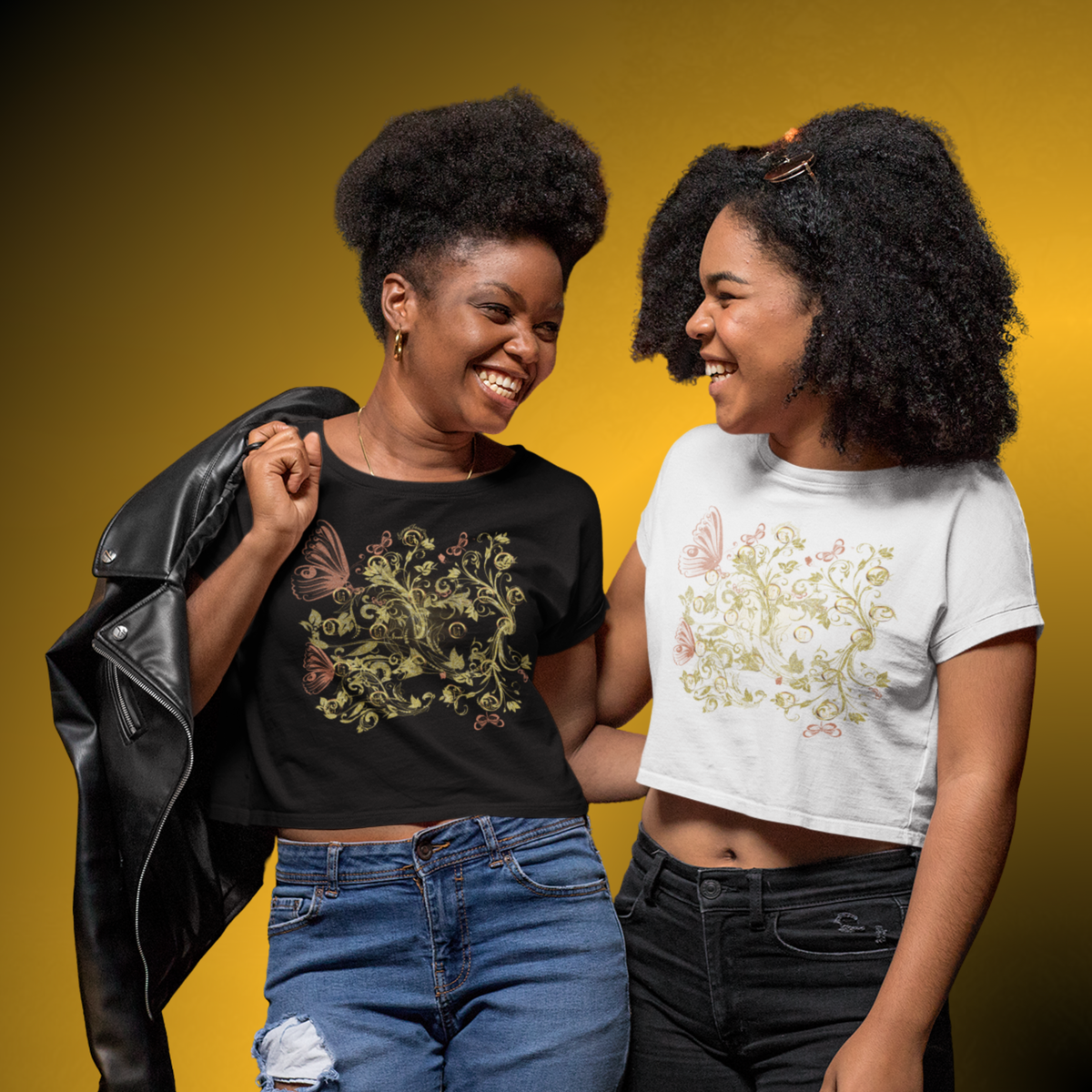 Bohemian Butterfly Floral Crop Tee – Gold Botanical Graphic Top