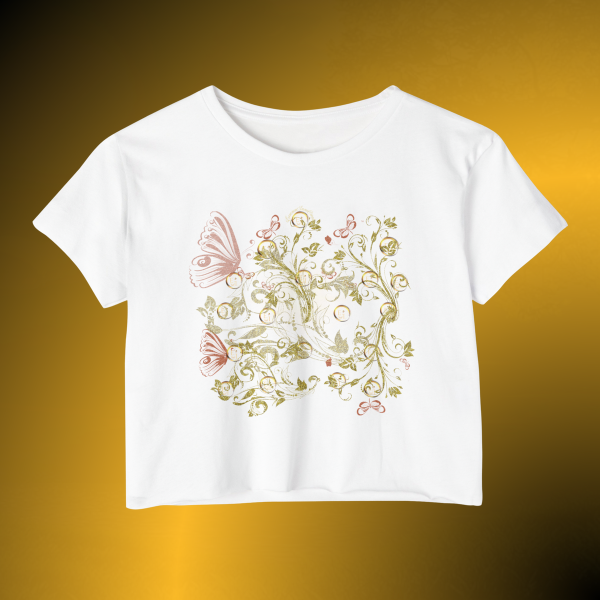 Bohemian Butterfly Floral Crop Tee – Gold Botanical Graphic Top