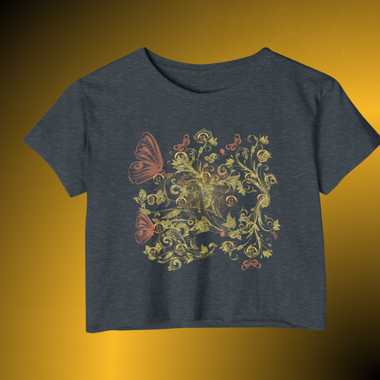 Bohemian Butterfly Floral Crop Tee – Gold Botanical Graphic Top