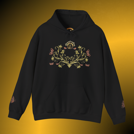 Bohemian Butterfly Crest Hoodie – Gold Floral Vine Pullover