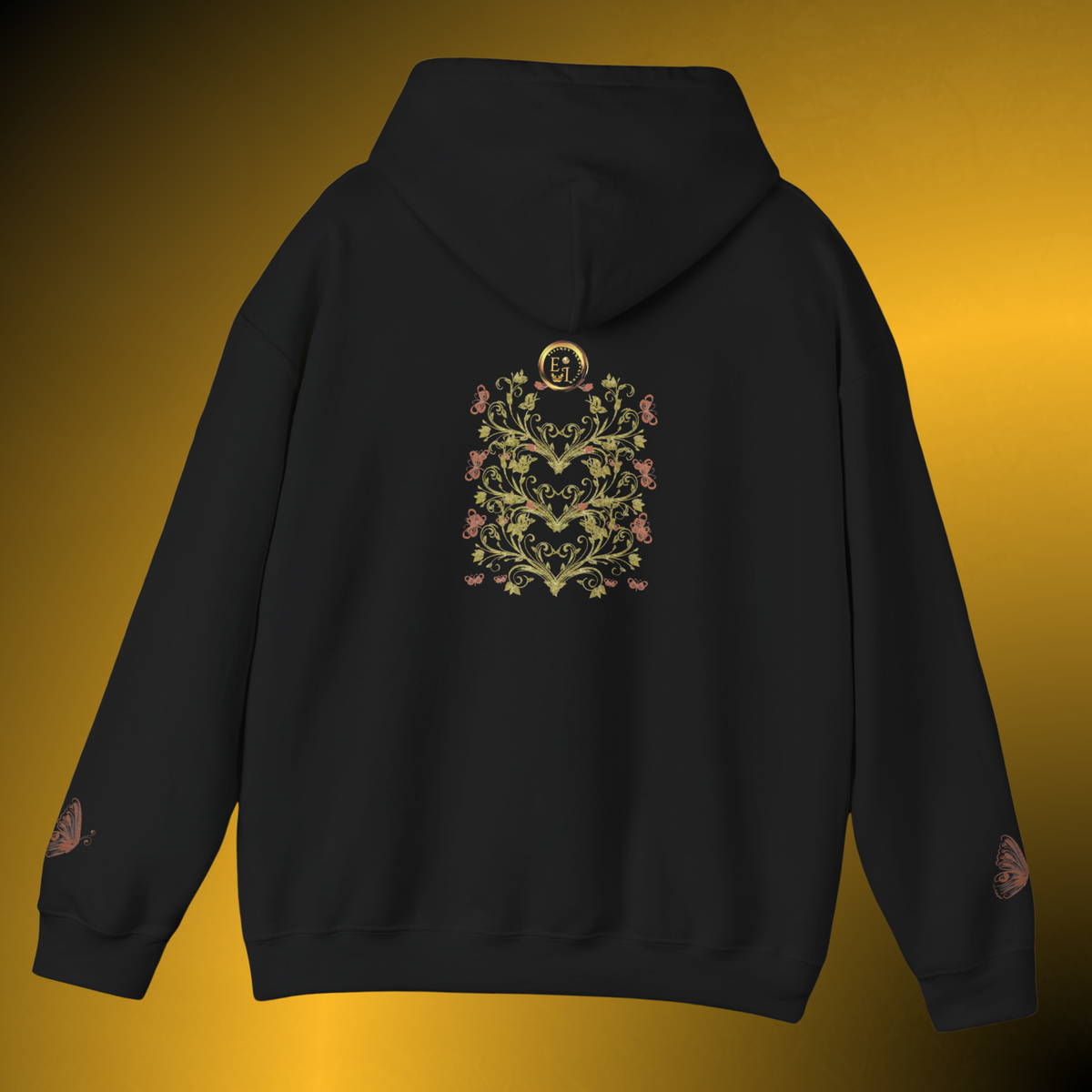 Bohemian Butterfly Crest Hoodie – Gold Floral Vine Pullover