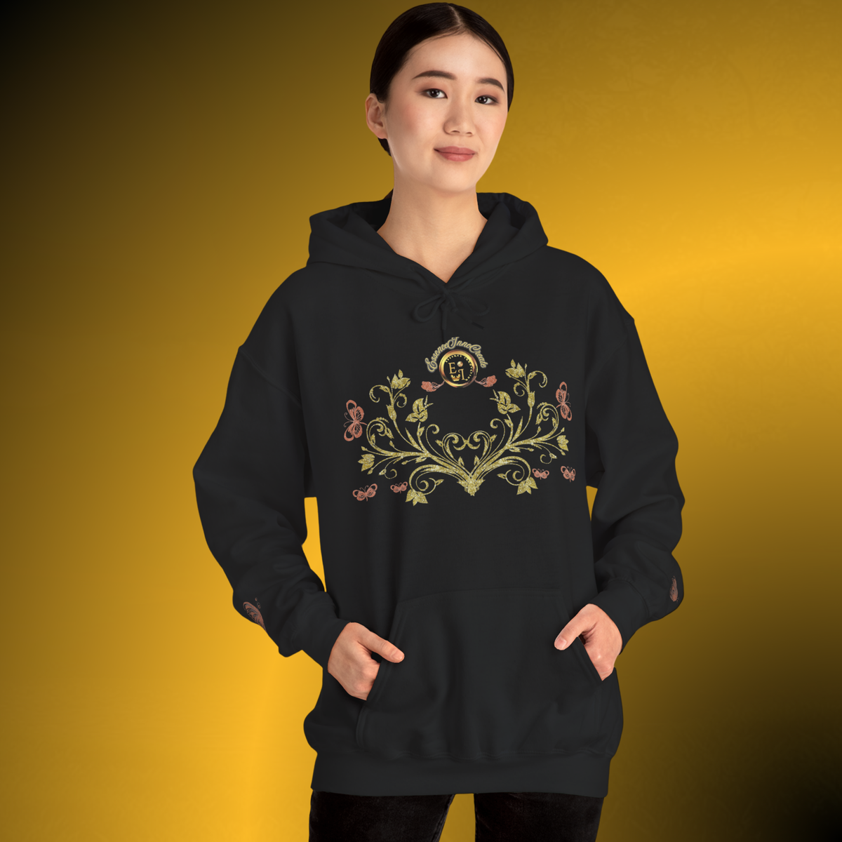 Bohemian Butterfly Crest Hoodie – Gold Floral Vine Pullover