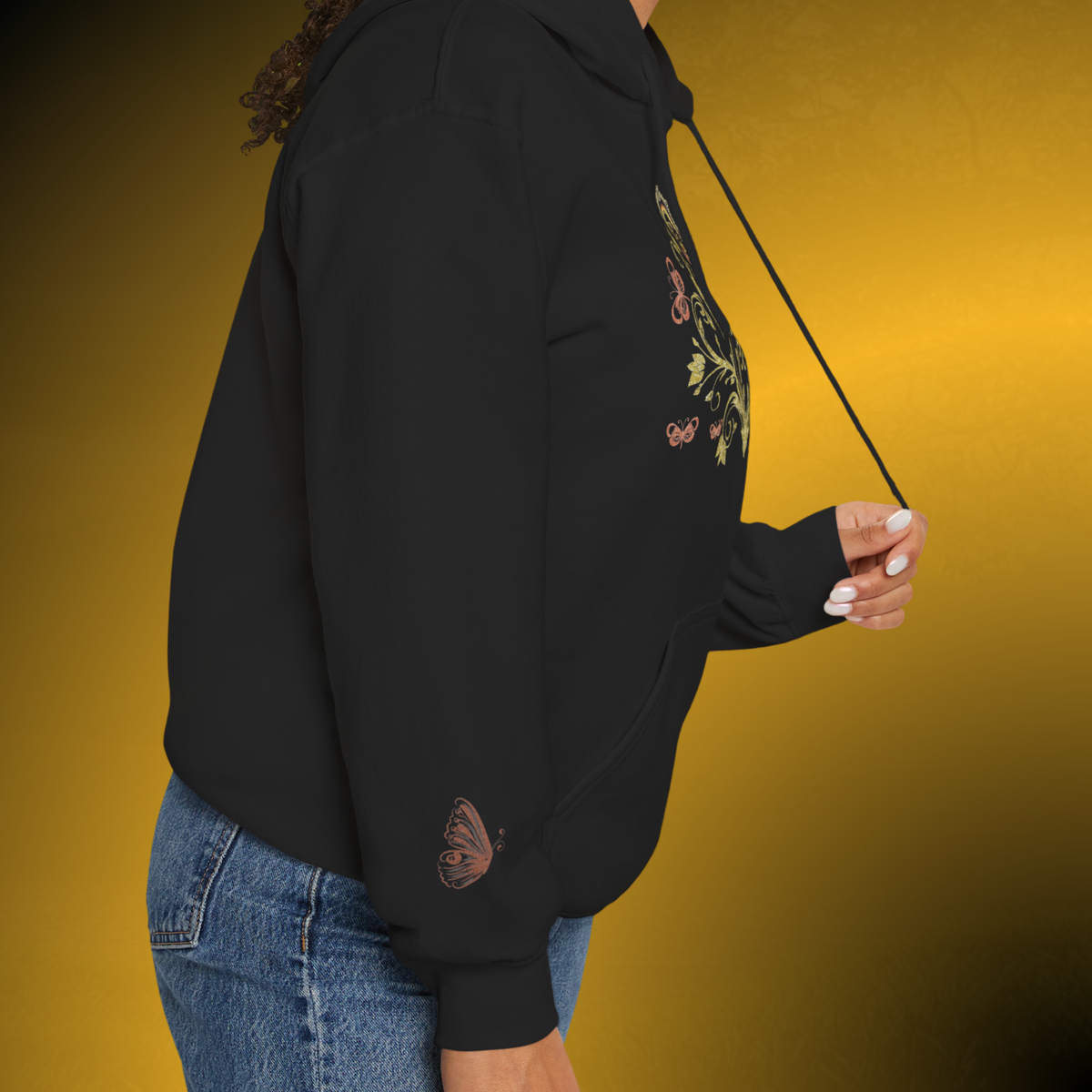 Bohemian Butterfly Crest Hoodie – Gold Floral Vine Pullover
