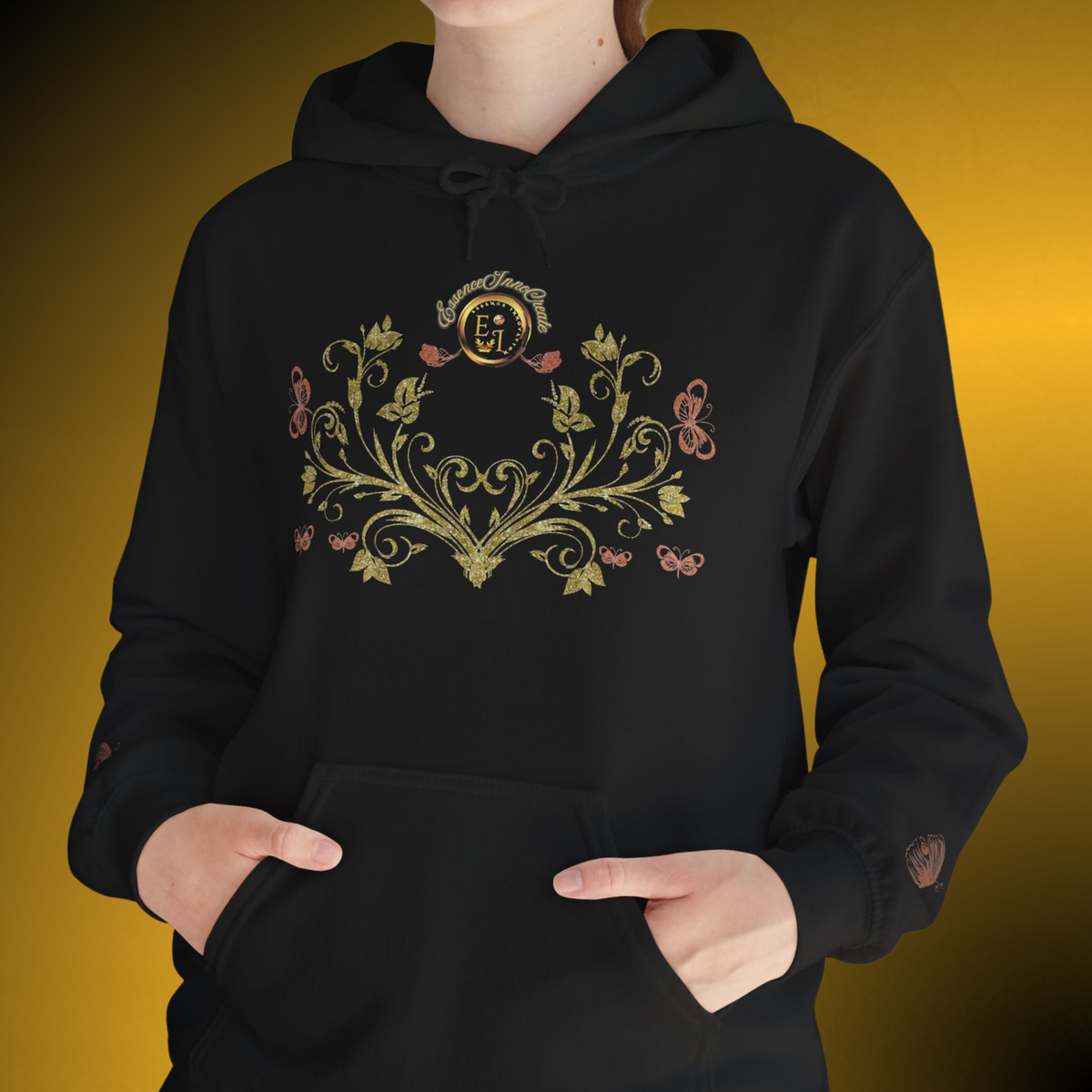 Bohemian Butterfly Crest Hoodie – Gold Floral Vine Pullover
