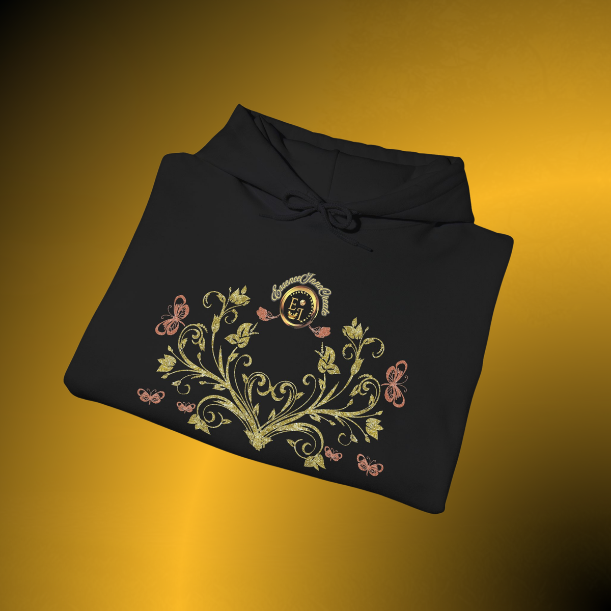 Bohemian Butterfly Crest Hoodie – Gold Floral Vine Pullover