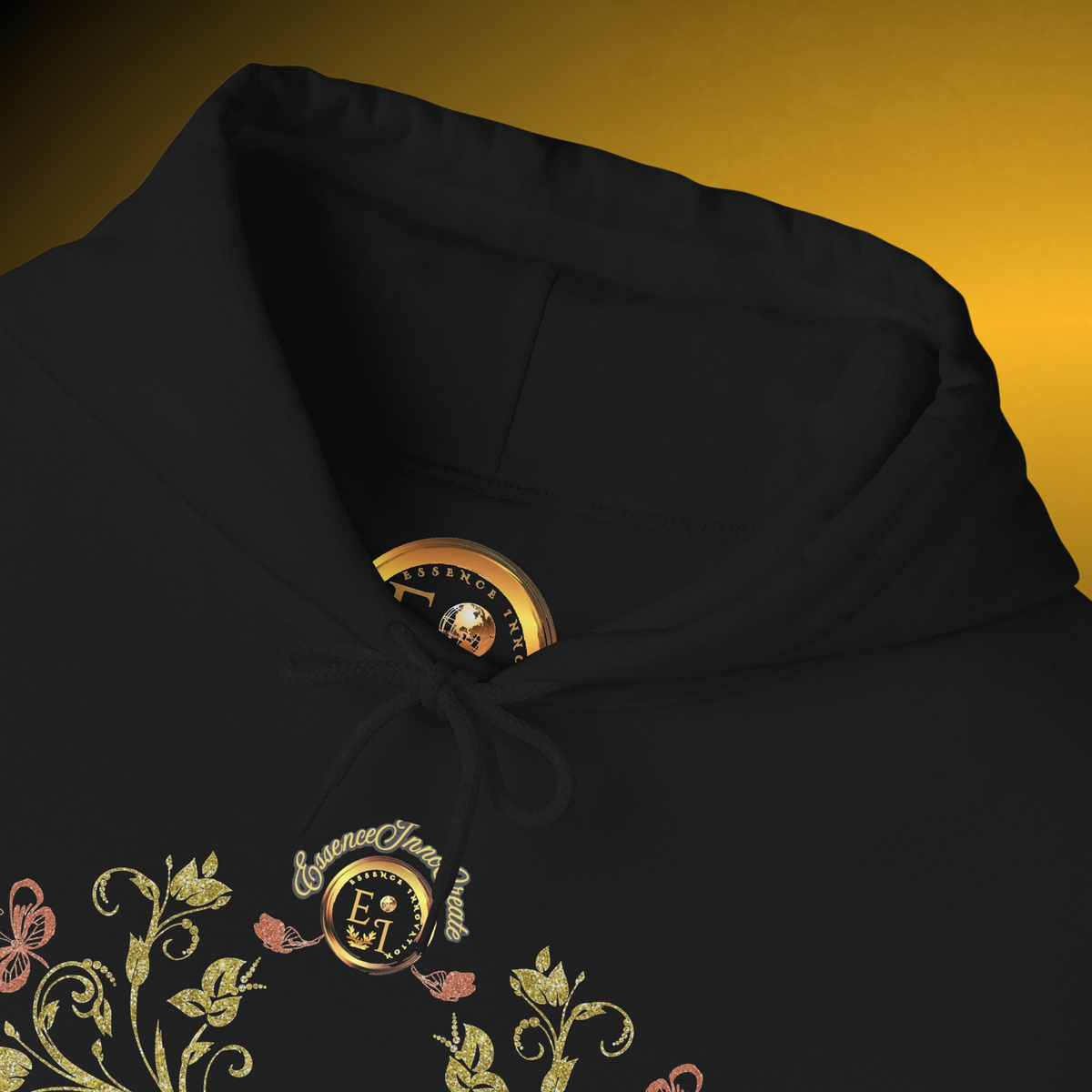 Bohemian Butterfly Crest Hoodie – Gold Floral Vine Pullover