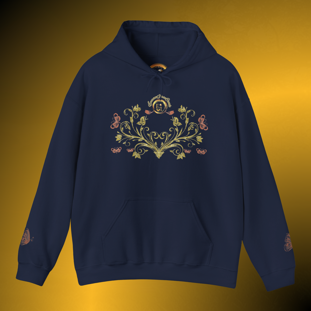 Bohemian Butterfly Crest Hoodie – Gold Floral Vine Pullover
