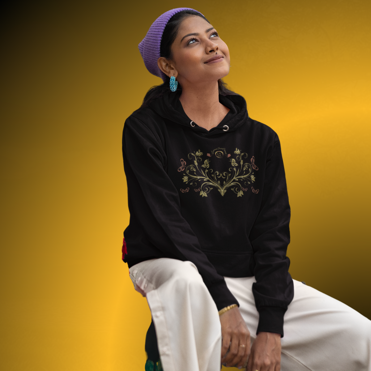 Bohemian Butterfly Crest Hoodie – Gold Floral Vine Pullover