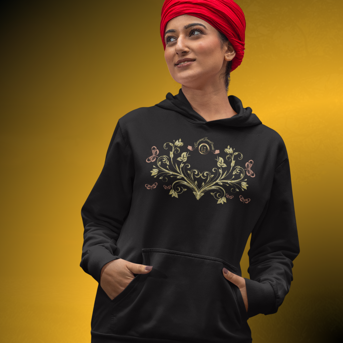 Bohemian Butterfly Crest Hoodie – Gold Floral Vine Pullover