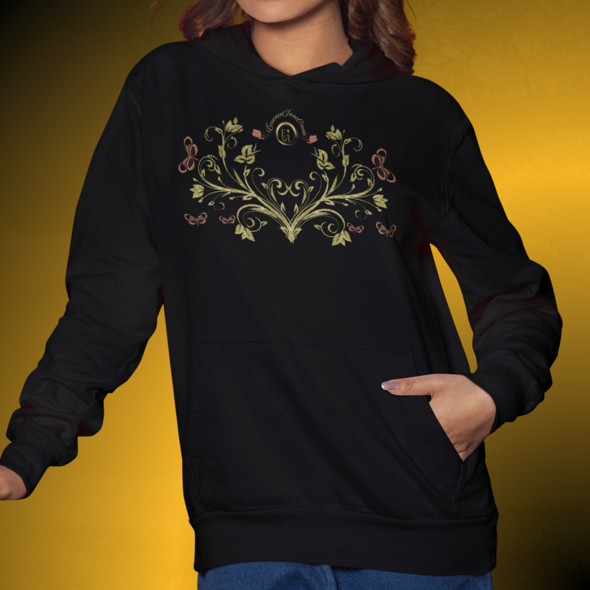 Bohemian Butterfly Crest Hoodie – Gold Floral Vine Pullover