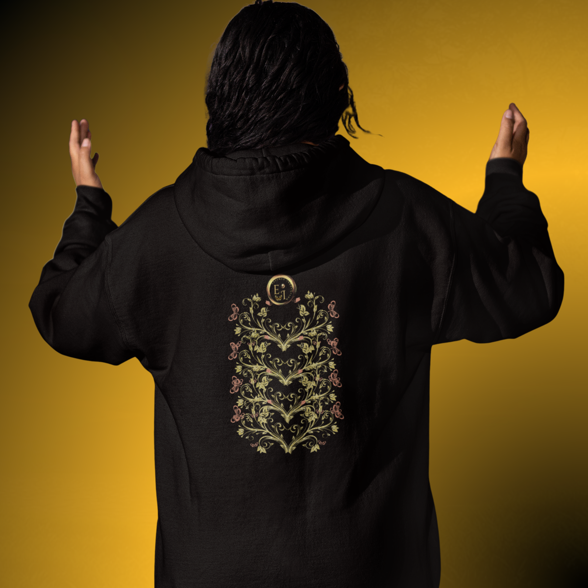 Bohemian Butterfly Crest Hoodie – Gold Floral Vine Pullover