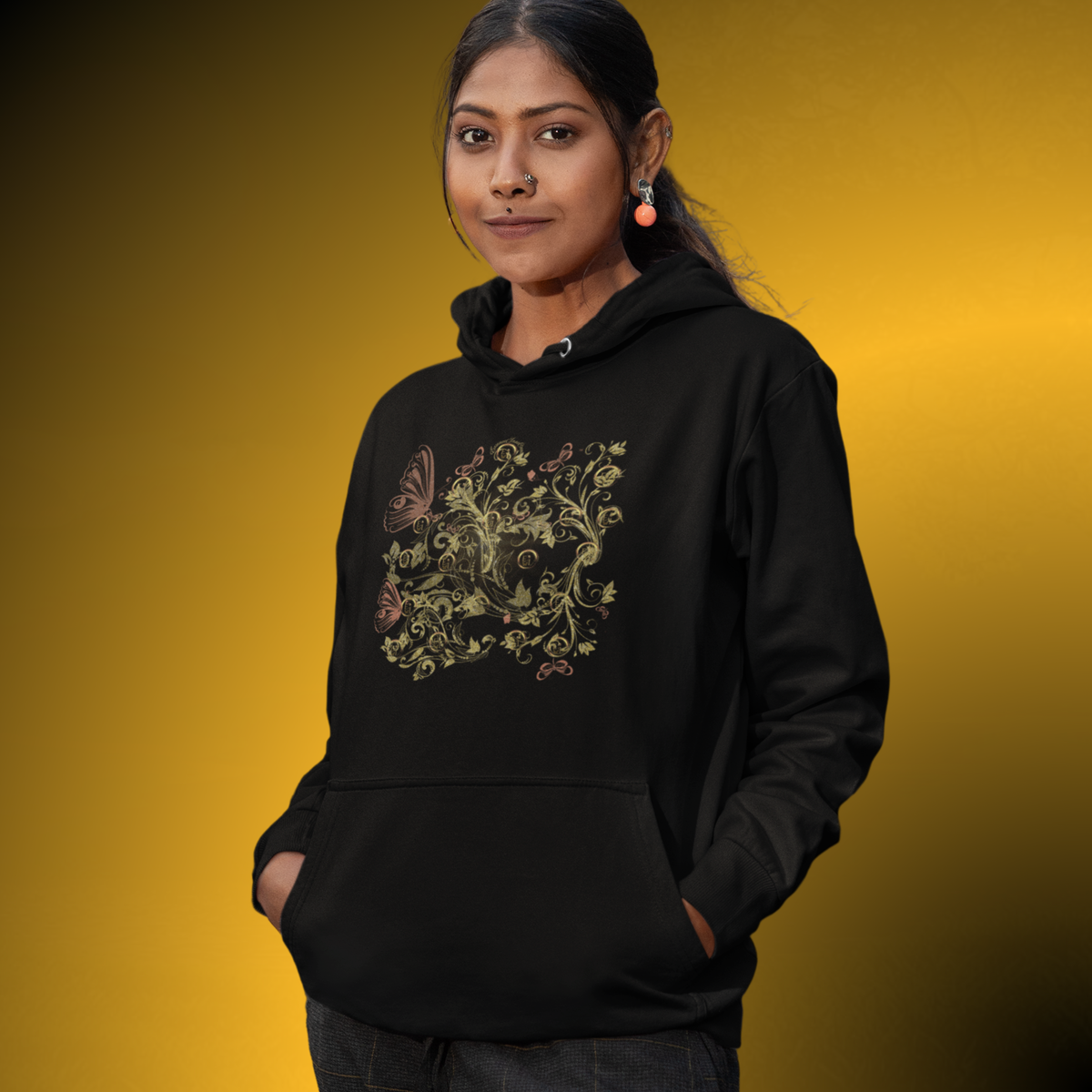Bohemian Butterfly Floral Hoodie – Gold Botanical Pullover