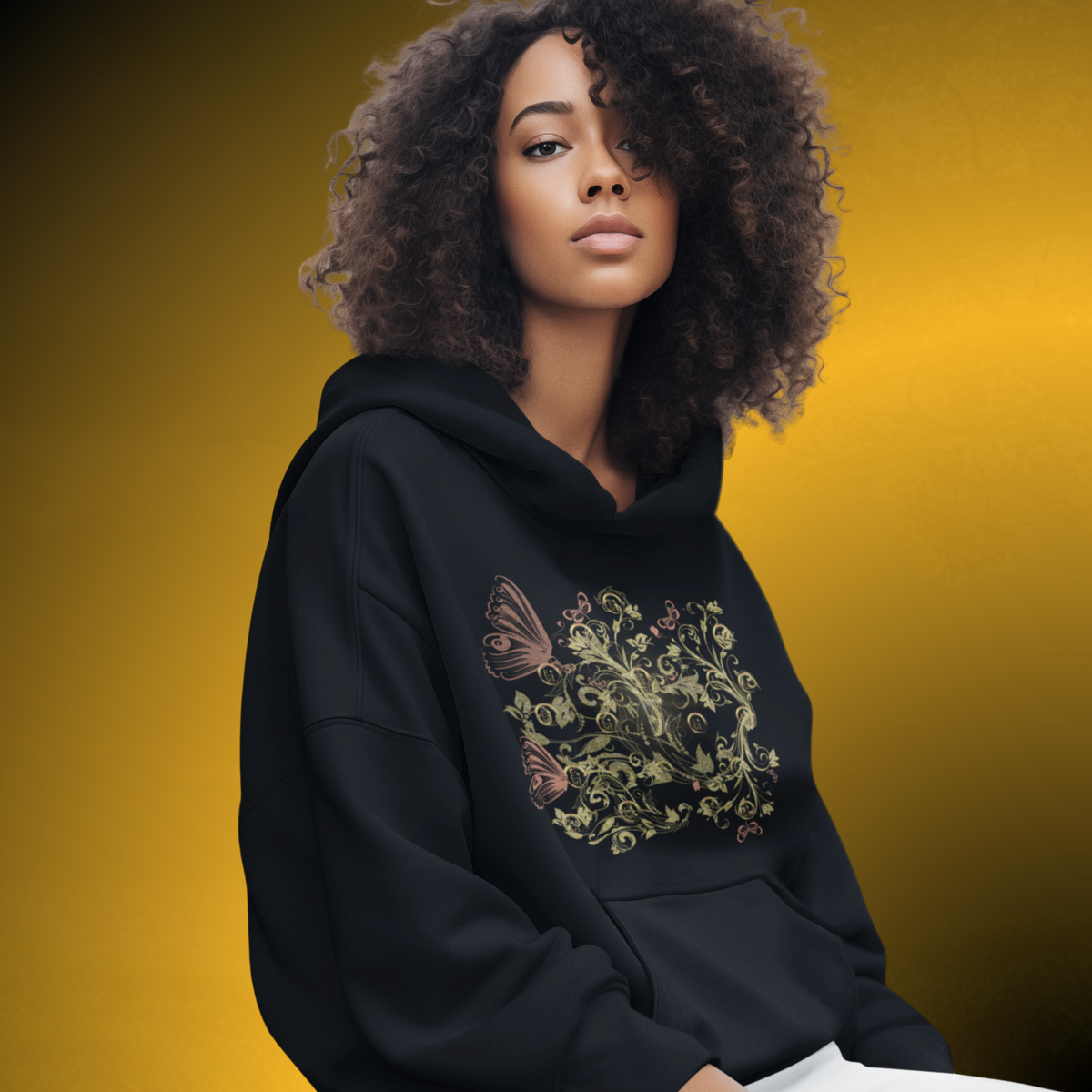 Bohemian Butterfly Floral Hoodie – Gold Botanical Pullover