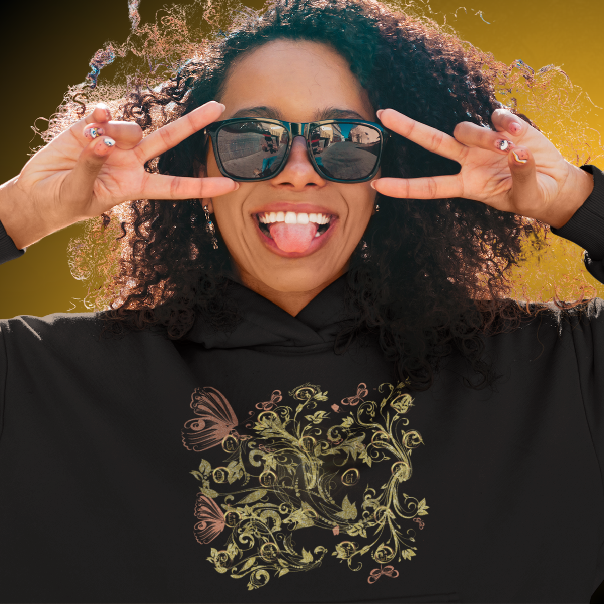Bohemian Butterfly Floral Hoodie – Gold Botanical Pullover