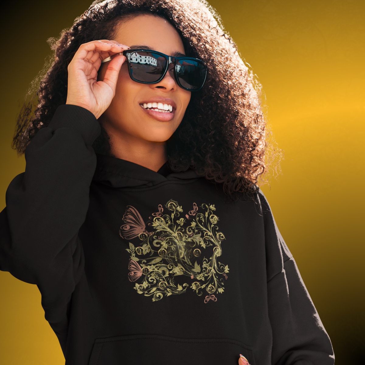 Bohemian Butterfly Floral Hoodie – Gold Botanical Pullover