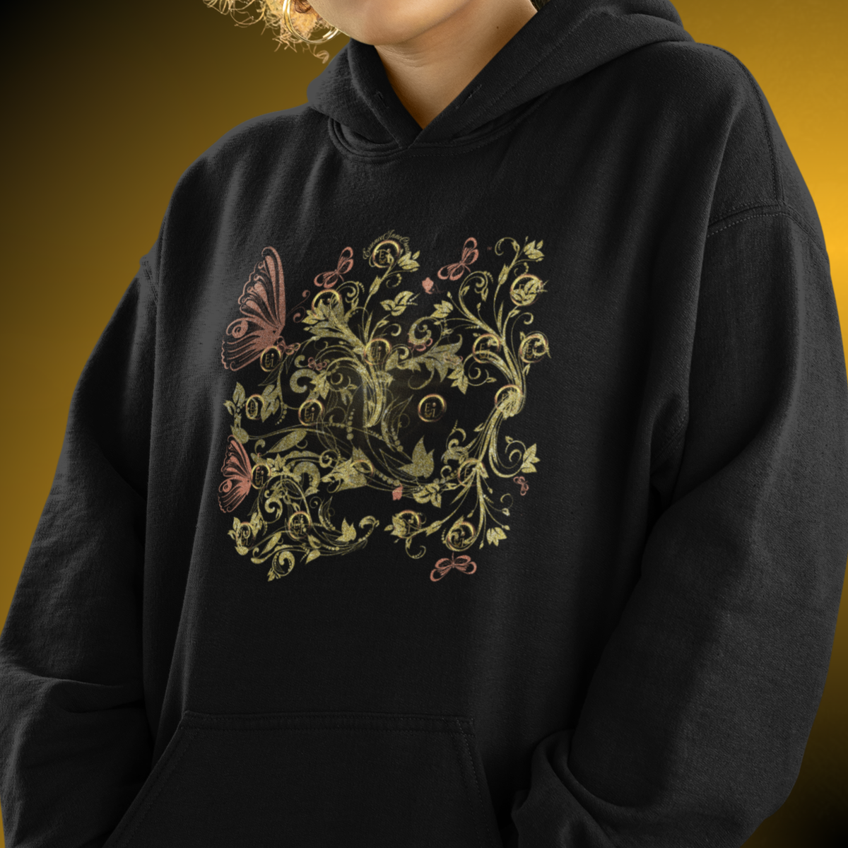 Bohemian Butterfly Floral Hoodie – Gold Botanical Pullover