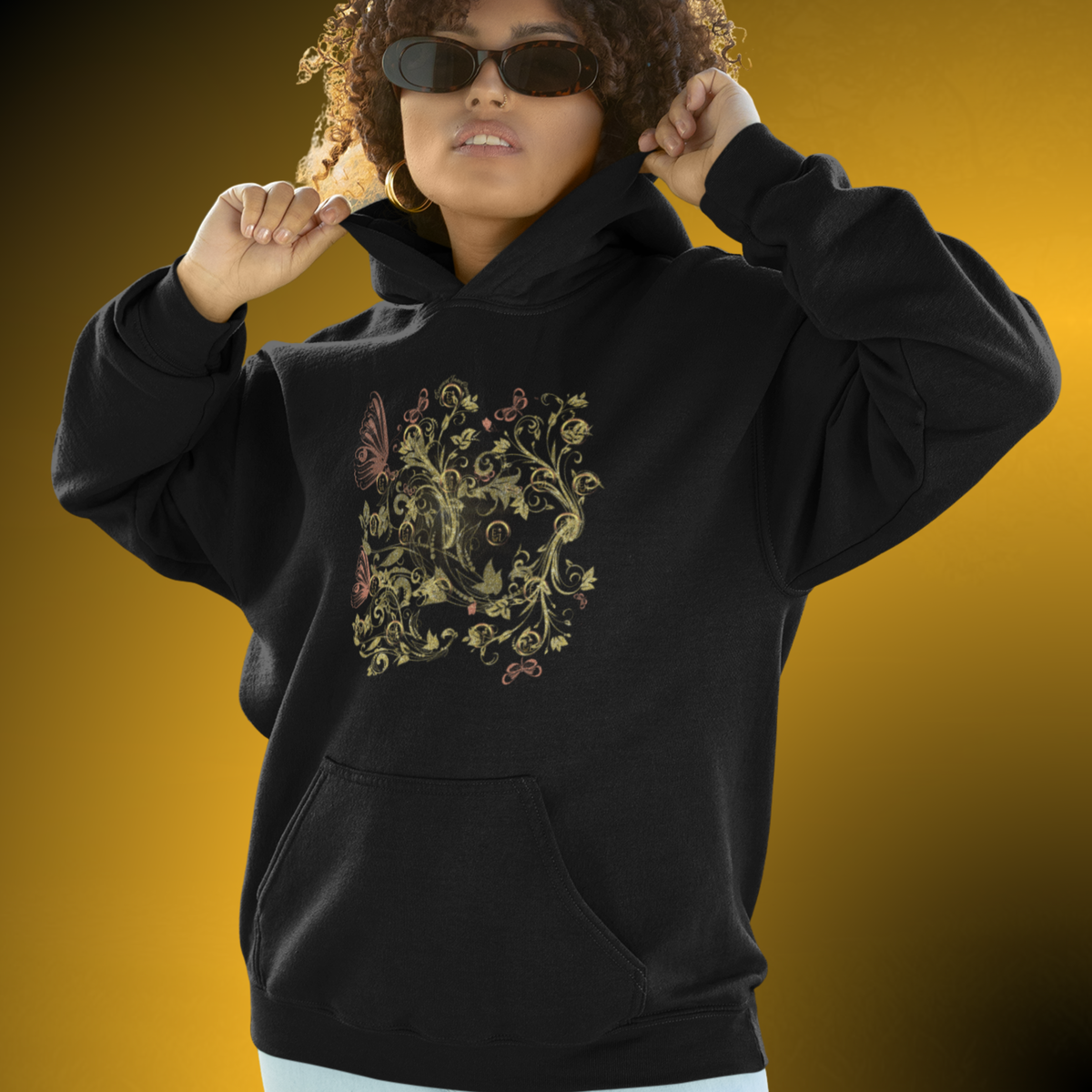 Bohemian Butterfly Floral Hoodie – Gold Botanical Pullover