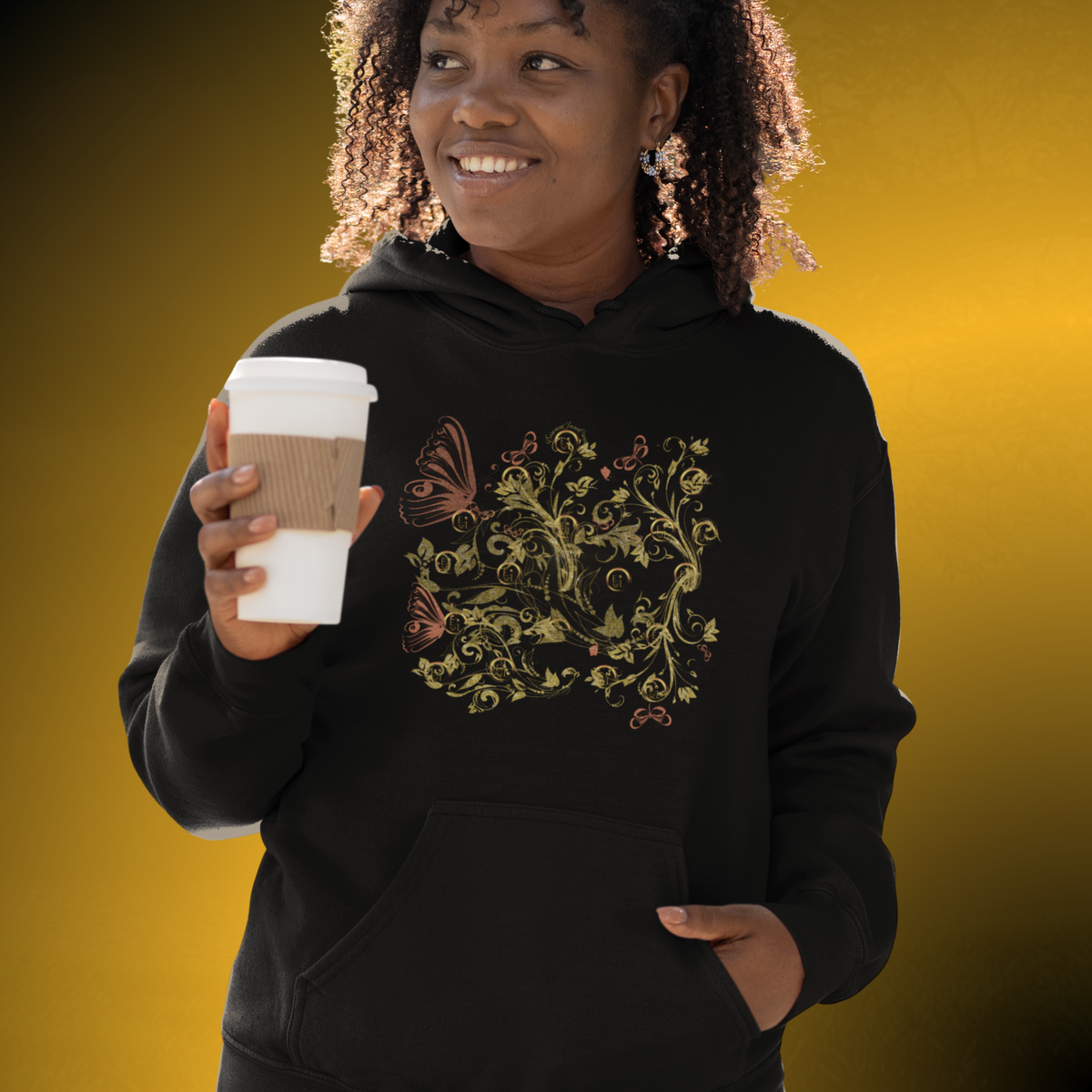 Bohemian Butterfly Floral Hoodie – Gold Botanical Pullover
