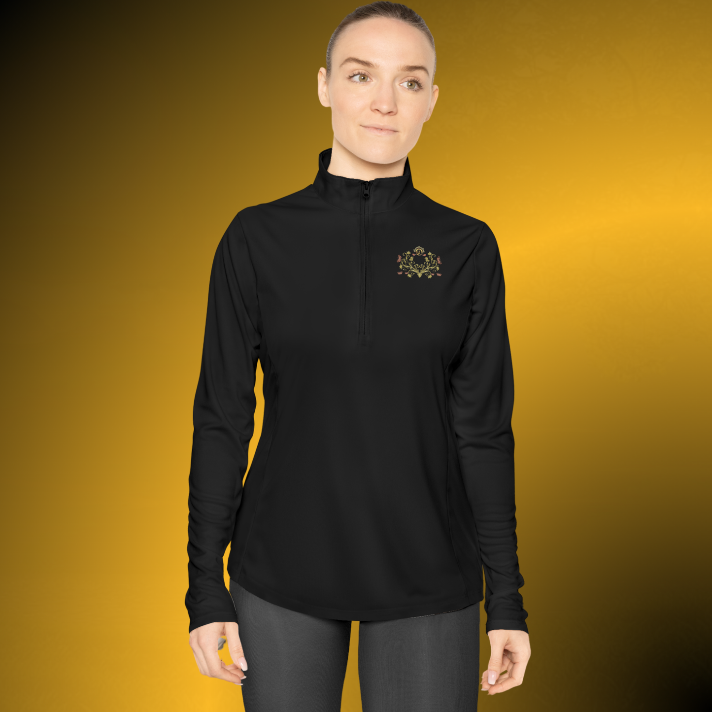 Botanical Crest Quarter-Zip Pullover – Floral Athleisure Top