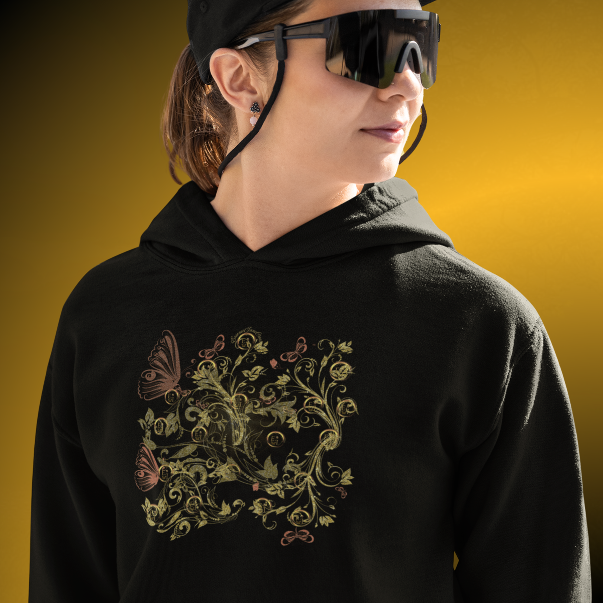 Bohemian Butterfly Floral Hoodie – Gold Botanical Pullover