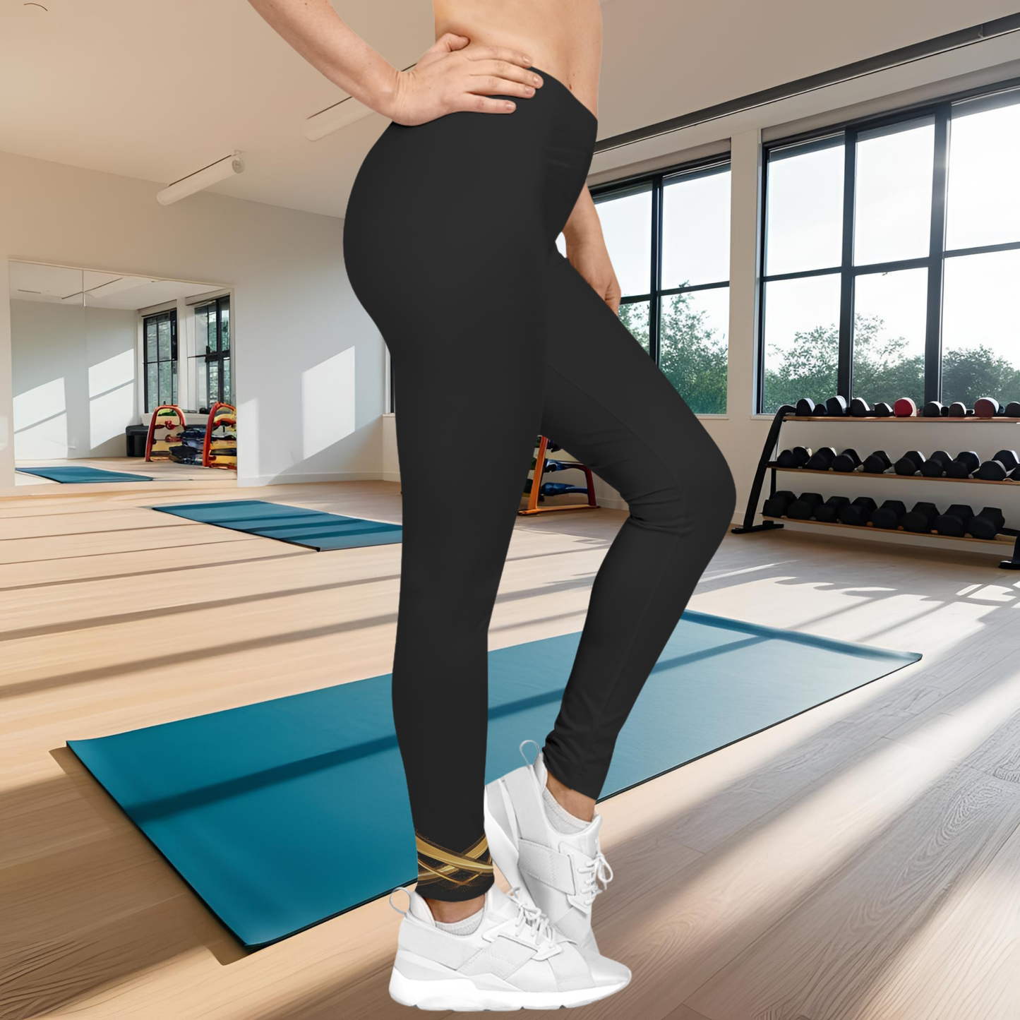 Person wearing black Essence Innovation leggings and white sneakers in a gym setting