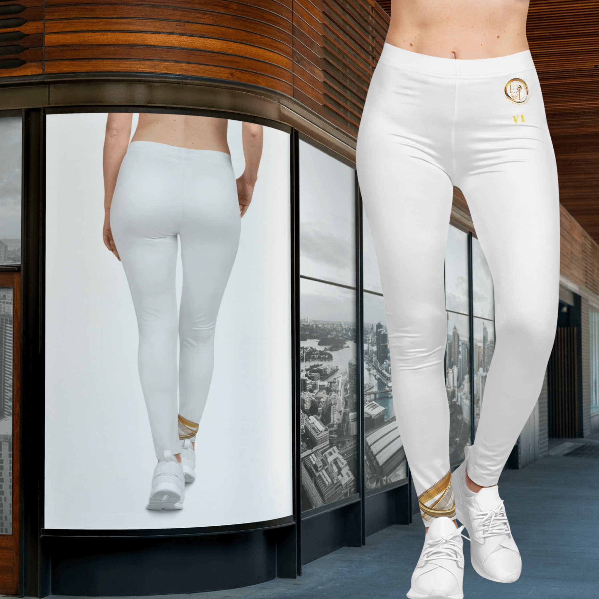 Person wearing white Essence Innovation leggings with gold accents in an urban setting.