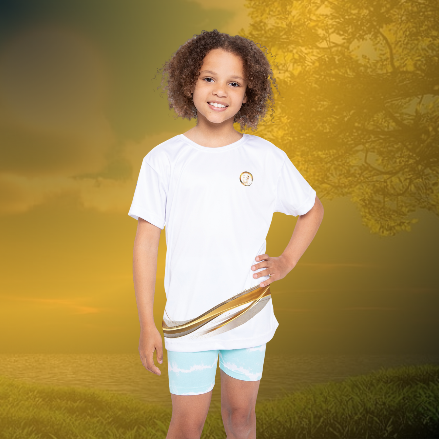 Child wearing a white t-shirt with a gold stripe and essence innovation logo on a white background