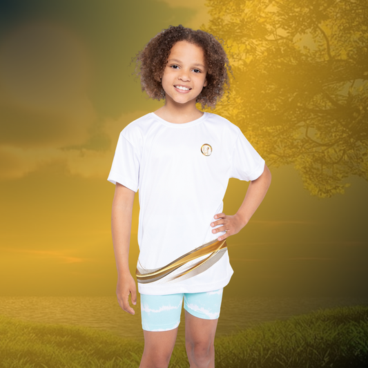 Child wearing a white t-shirt with a gold stripe and essence innovation logo on a white background