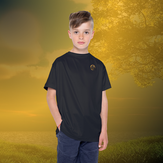 Child wearing a black Essence Innovation t-shirt with a logo on a golden sunset background