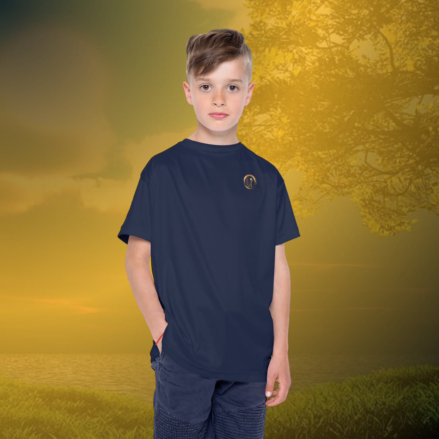 Child wearing a navy Essence Innovation t-shirt with a logo on a golden sunset background