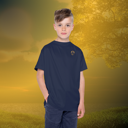 Child wearing a navy Essence Innovation t-shirt with a logo on a golden sunset background