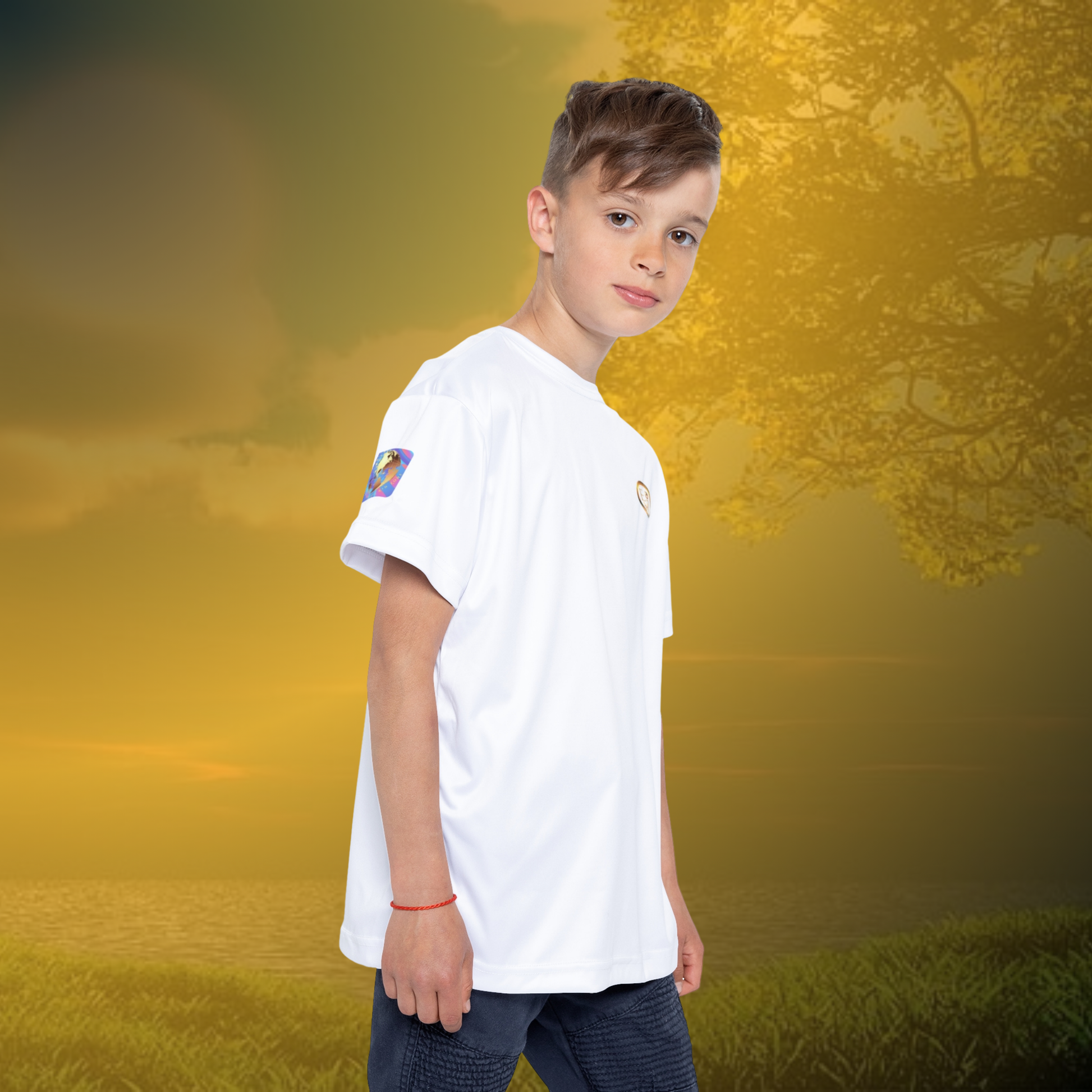 Young boy wearing a white t-shirt with an Essence Innovation logo on a white background