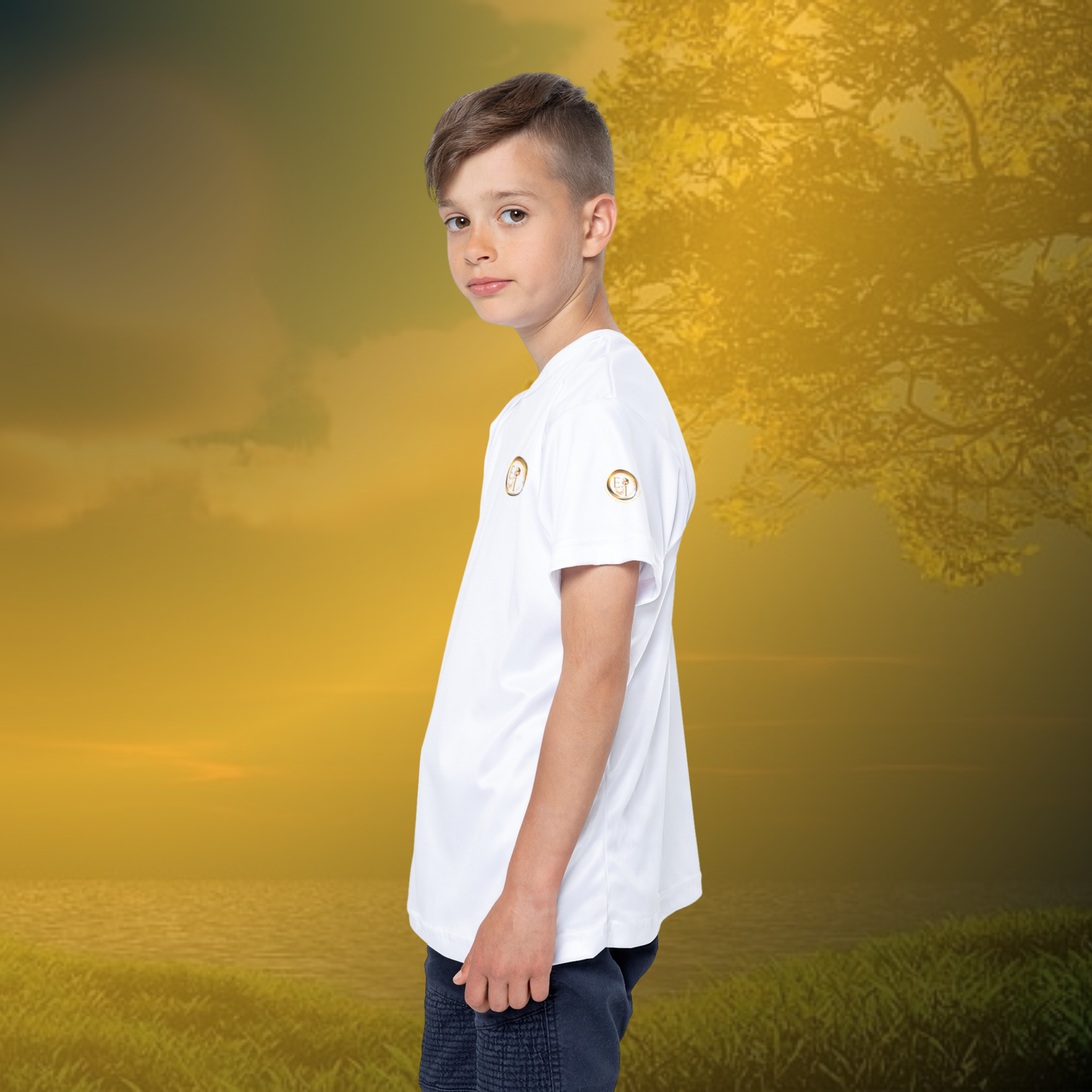 Young boy wearing a white t-shirt with an Essence Innovation logo on a white background