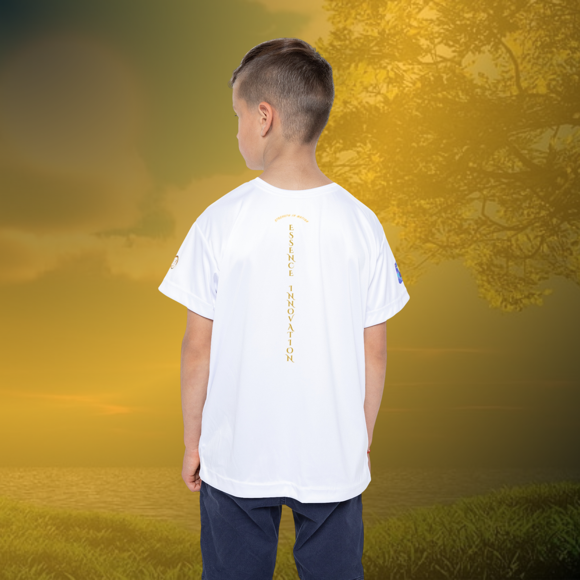 Young boy wearing a white t-shirt with an Essence Innovation logo on a white background