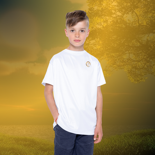 Young boy wearing a white t-shirt with an Essence Innovation logo on a white background