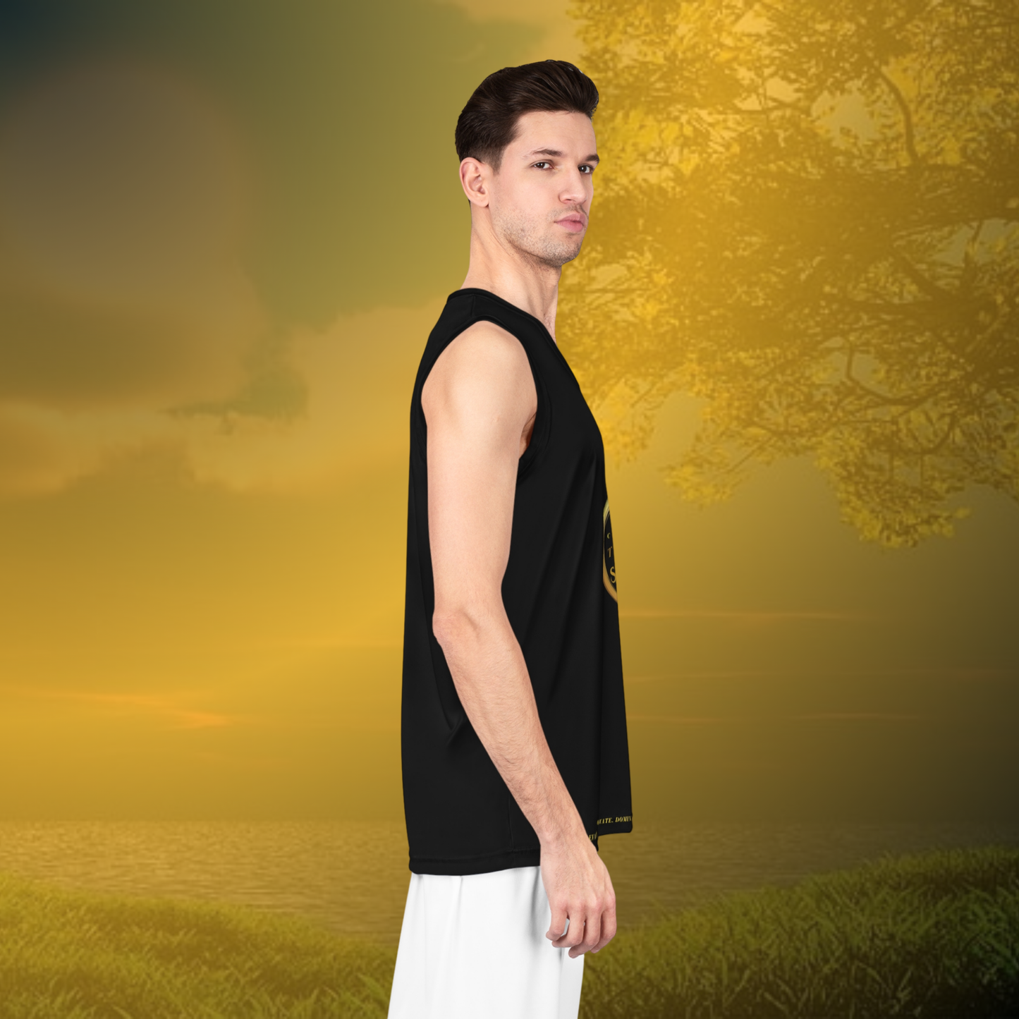Man wearing a black sleeveless shirt and white pants standing in a field with a yellow sky.