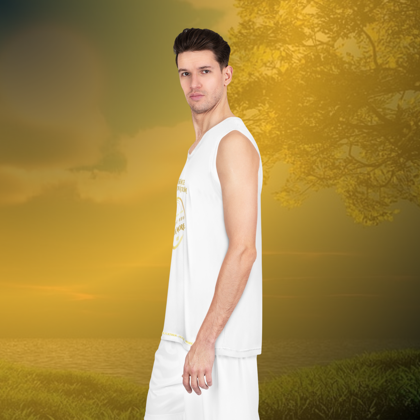 Man in a white outfit standing in a field with a yellow sky